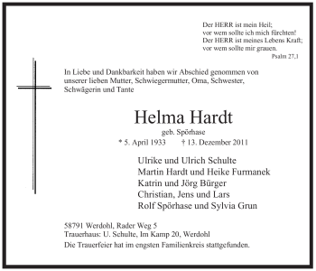 Traueranzeige von Helma Hardt von Tageszeitung