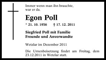 Traueranzeige von Egon Poll von Tageszeitung