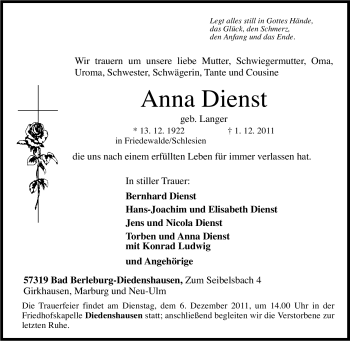 Traueranzeige von Anna Dienst von Tageszeitung