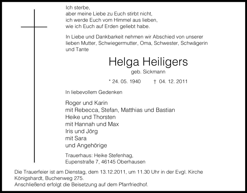  Traueranzeige für Helga Heiligers vom 08.12.2011 aus Tageszeitung