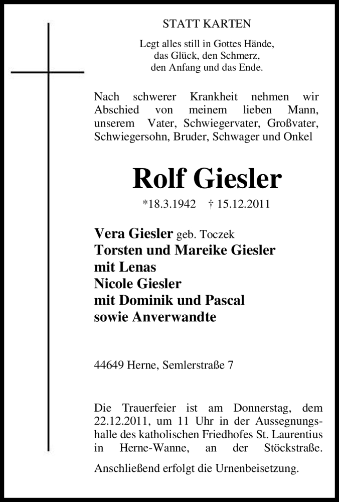  Traueranzeige für Rolf Giesler vom 17.12.2011 aus Tageszeitung