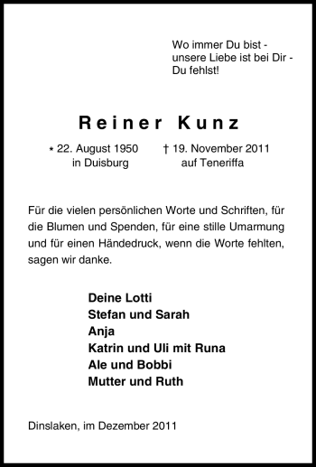 Traueranzeigen Von Reiner Kunz Trauer In Nrw De