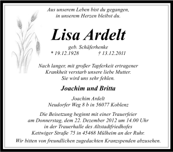Traueranzeige von Lisa Ardelt von Tageszeitung