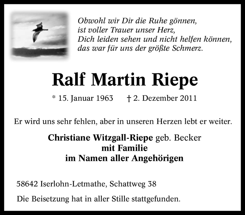  Traueranzeige für Ralf Martin Riepe vom 10.12.2011 aus Tageszeitung