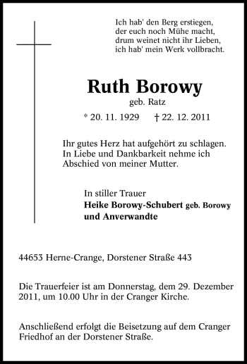 Traueranzeige von Ruth Borowy von Tageszeitung