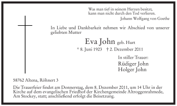 Traueranzeige von Eva John von Tageszeitung