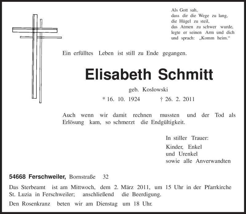  Traueranzeige für Elisabeth Schmitt vom 28.02.2011 aus Tageszeitung