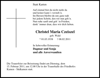 Traueranzeige von Christel Maria Czeiszel von Tageszeitung