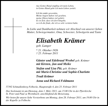 Traueranzeige von Elisabeth Krämer von Tageszeitung