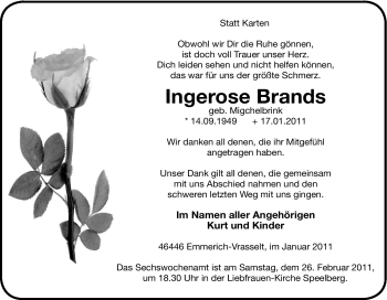 Traueranzeige von Ingerose Brands von Tageszeitung