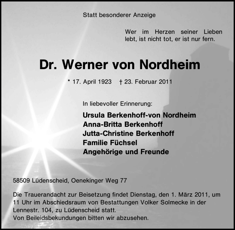  Traueranzeige für Werner von Nordheim vom 26.02.2011 aus Tageszeitung