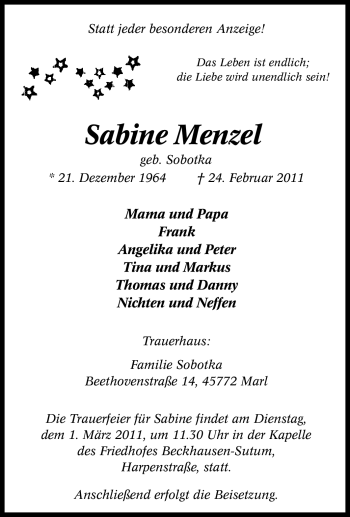 Traueranzeige von Sabine Menzel von Tageszeitung