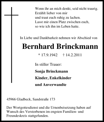 Traueranzeige von Bernhard Brinckmann von Tageszeitung