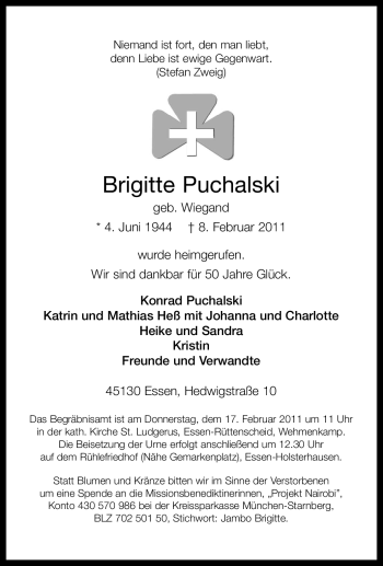 Traueranzeige von Brigitte Puchalski von Tageszeitung