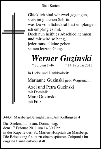 Traueranzeige von Werner Guzinski von Tageszeitung