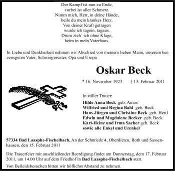 Traueranzeige von Oskar Beck von Tageszeitung