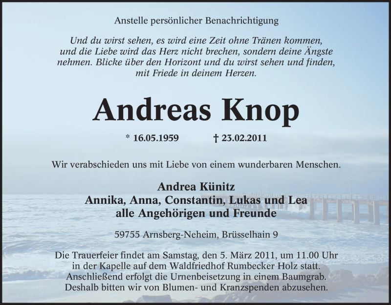  Traueranzeige für Andreas Knop vom 28.02.2011 aus Tageszeitung