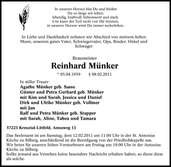 Traueranzeige von Reinhard Münker von Tageszeitung
