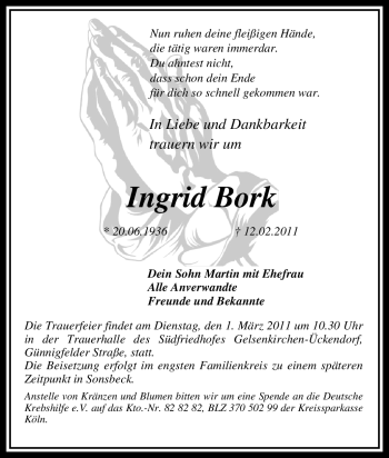 Traueranzeige von Ingrid Bork von Tageszeitung