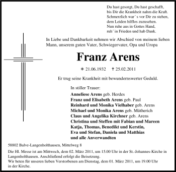 Traueranzeige von Franz Arens von Tageszeitung