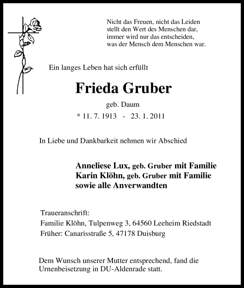  Traueranzeige für Frieda Gruber vom 12.02.2011 aus Tageszeitung