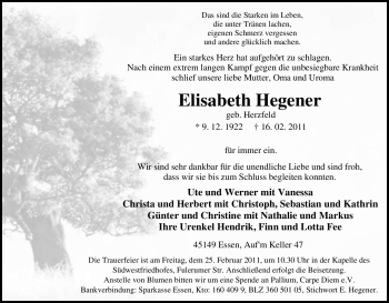Traueranzeige von Elisabeth Hegener von Tageszeitung