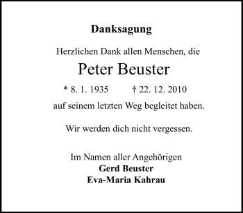 Traueranzeige von Peter Beuster von Tageszeitung