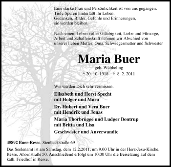 Traueranzeige von Maria Buer von Tageszeitung