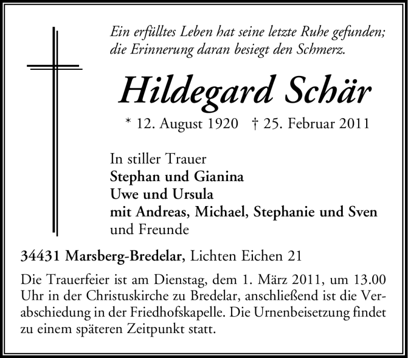  Traueranzeige für Hildegard Schär vom 28.02.2011 aus Tageszeitung