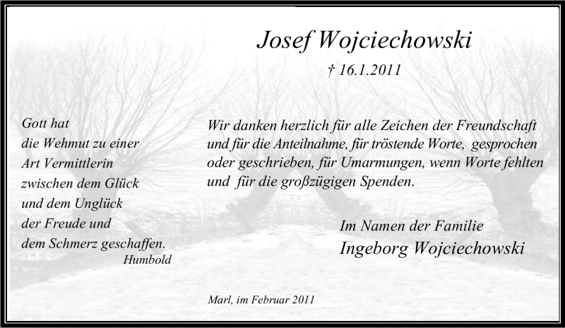  Traueranzeige für Josef Wojciechowski vom 12.02.2011 aus Tageszeitung
