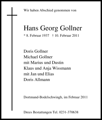 Traueranzeige von Hans Georg Gollner von Tageszeitung