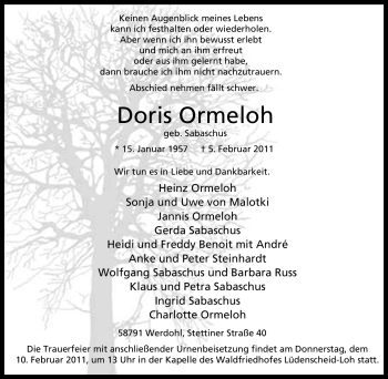 Traueranzeige von Doris Ormeloh von Tageszeitung
