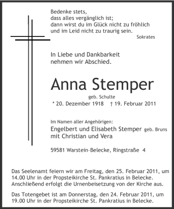 Traueranzeige von Anna Stemper von Tageszeitung