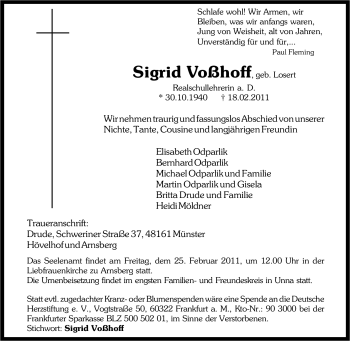 Traueranzeige von Sigrid Voßhoff von Tageszeitung