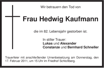 Traueranzeige von Hedwig Kaufmann von Tageszeitung