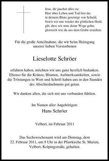 Traueranzeige von Lieselotte Schröer von Tageszeitung
