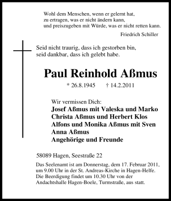 Traueranzeige von Paul Reinhold Aßmus von Tageszeitung