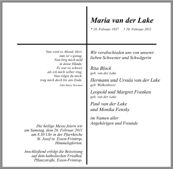 Traueranzeige von Maria van der Lake von Tageszeitung