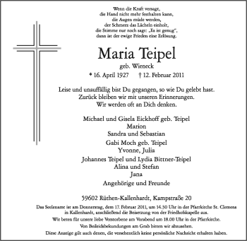 Traueranzeige von Maria Teipel von Tageszeitung