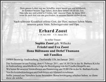 Traueranzeige von erhard Zoost von Tageszeitung