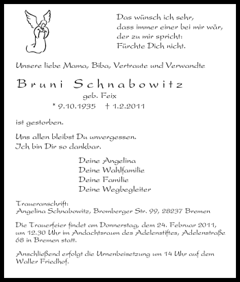Traueranzeige von Bruni Schnabowitz von Tageszeitung