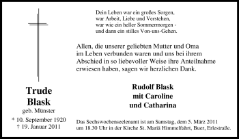 Traueranzeige von Trude Blask von Tageszeitung