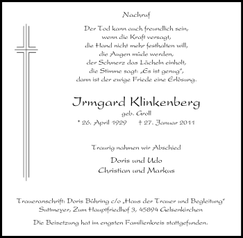 Traueranzeige von Irmgard Klinkenberg von Tageszeitung