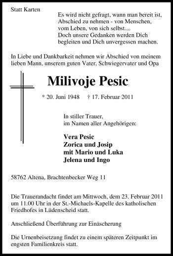 Traueranzeige von Milivoje Unbekannt von Tageszeitung