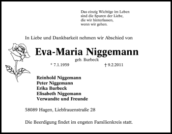 Traueranzeige von Eva-Maria Niggemann von Tageszeitung