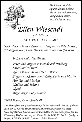 Traueranzeige von Ellen Wiesendt von Tageszeitung