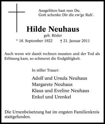 Traueranzeige von Hilde Neuhaus von Tageszeitung