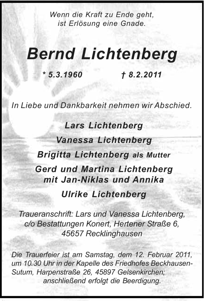  Traueranzeige für Bernd Lichtenberg vom 10.02.2011 aus Tageszeitung