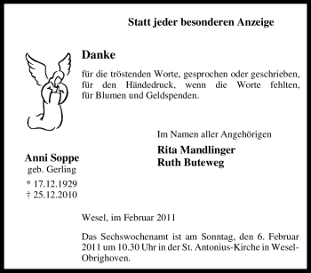 Traueranzeige von Anni Soppe von Tageszeitung