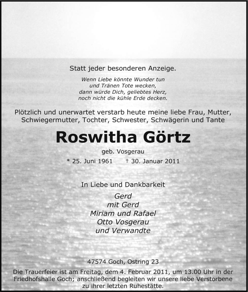  Traueranzeige für Roswitha Görtz vom 03.02.2011 aus Tageszeitung
